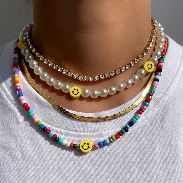 Bohemia Multilayer Smiley Pearl Rainbow Beaded Choker Necklace For Women Beach Jewelry 1