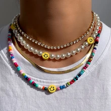 Collier ras du cou en perles pour femmes, bohème, multicouches, perles Smiley, arc-en-ciel, en acrylique, bijoux de plage
