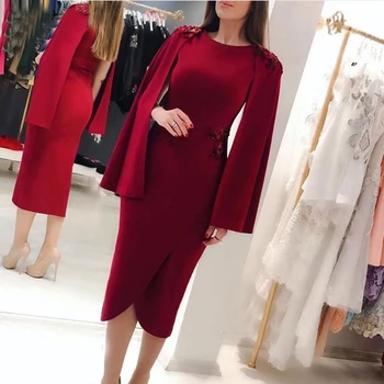 

Eightale Arabic Evening Dresses O-Neck Cape Sleeves Prom Gowns Mermaid Red Custom Made Tea Length Formal Party Dress