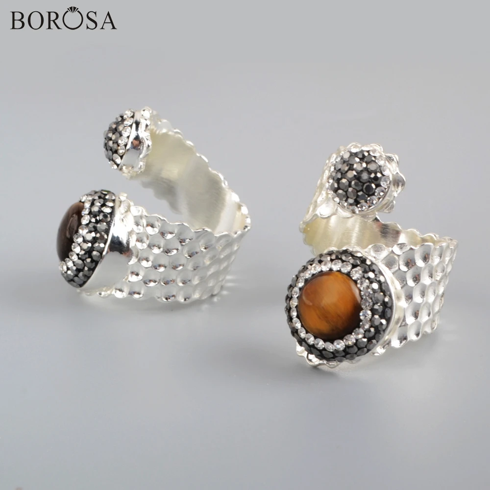 BOROSA 5 шт. серебряное кольцо тигровый глаз камень кольцо Стразы проложили двойные кольца регулируемое кольцо ювелирные изделия для женские и мужские кольца JAB979