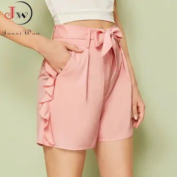 

Summer High Waist Sweet Bow Shorts Women Korean Elegant Fashion Pink Ruffles Casual Short Trousers