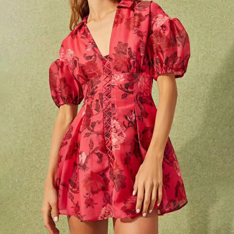 

New V neck Bubble Short Sleeve V neck High Waist Printed Lotus Leaf Edge Princess Short Dress