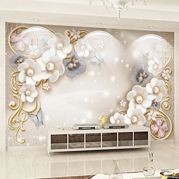 

European Style 3D Stereo Golden Jewelry Flowers Mural Wallpaper Living Room TV Sofa Luxury Home Decor Wall Sticker 3D Wallpaper