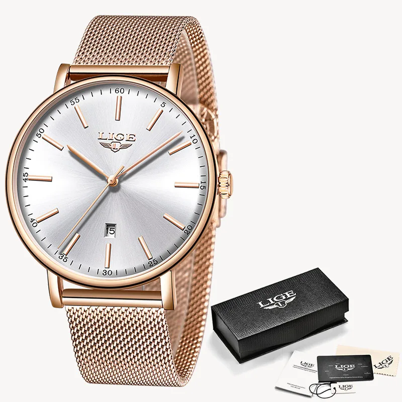 Новые женские подарочные часы LIGE модные брендовые кварцевые наручные часы женские роскошные часы из розового золота Женские часы Relogio Feminino - Цвет: rose gold white