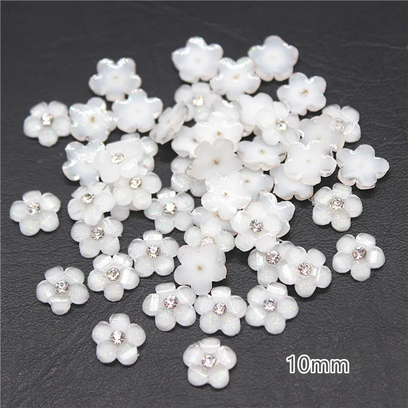100pcs 10mm Shiny Rhinestone Glitter White Five-Petal Flowers Resin Flatback Cabochon DIY Jewelry/Phone/Nail Art Decoration | Дом и сад