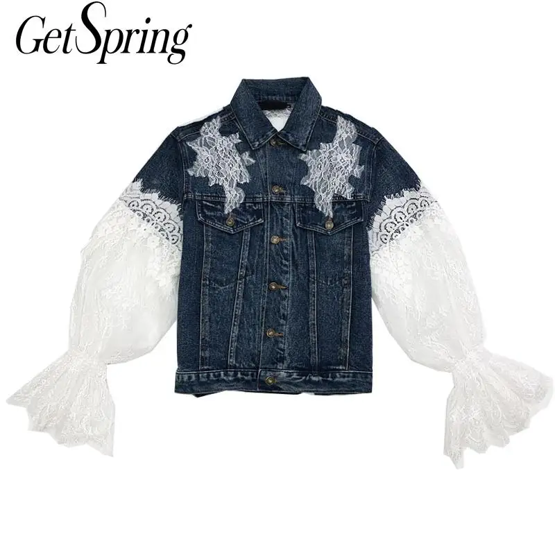 Женское джинсовое пальто GETSPRING с рукавами-фонариками и цветочным принтом осеннее