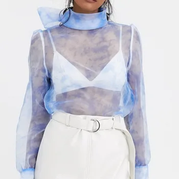 

2020 za spring and summer ORGANZA TOP stand neck with bow details dyed blouses semi sheer shirts