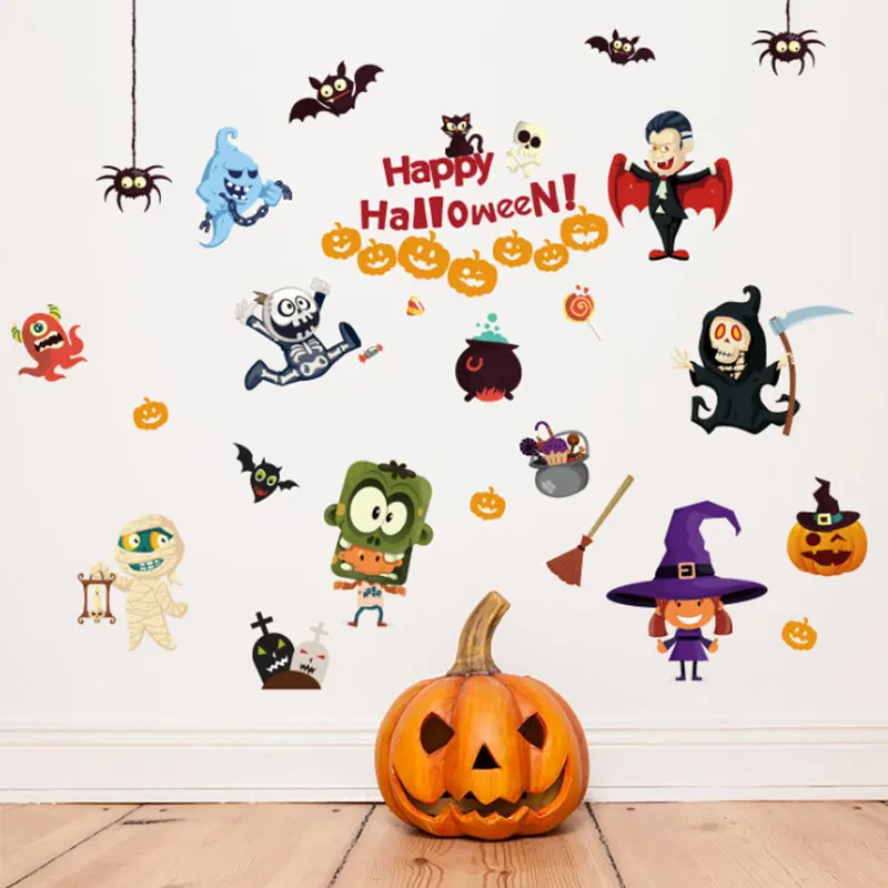 Серый 2pcs Home Decoration Halloween Wall Stickers Holiday Wall Stickers for Kids Rooms Pumpkin Pattern Background Decor for Party - Цвет: Серый