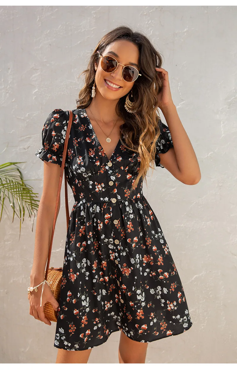 Women Short Sleeve Floral Mini Dress Casual Green Print Puff Sleeve Dresses Summer 2021 Ladies Sexy V Neck Button Beach Dress