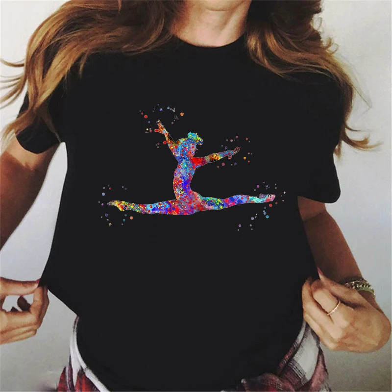

watercolor gymnastics girl printed Black t shirt women funny tshirt femme summer tops female t-shirt harajuku shirt tops