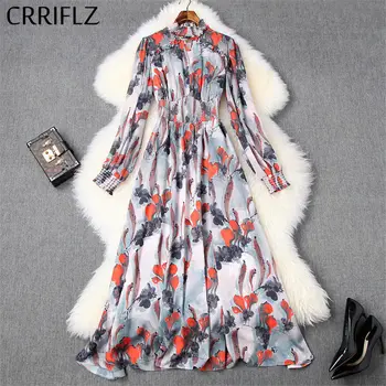 

Long Vintage Chain Print Dress Women Lantern Sleeve Waveselvedge Stand Collar Dress Ladies Elegant Spring Summer Dress