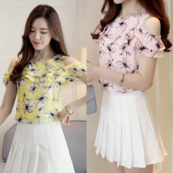 

Korean Women Printing Summer Blouses OL Lady office Cold Shoulder Shirts Tops Ruffle Flower Short-sleeved Women's Shirts