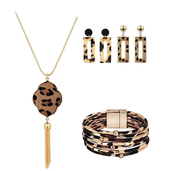 

4 Pieces Leopard Jewelry Set Leopard Multilayer Bracelet Dangle Earring Tassel Long Necklace for Women