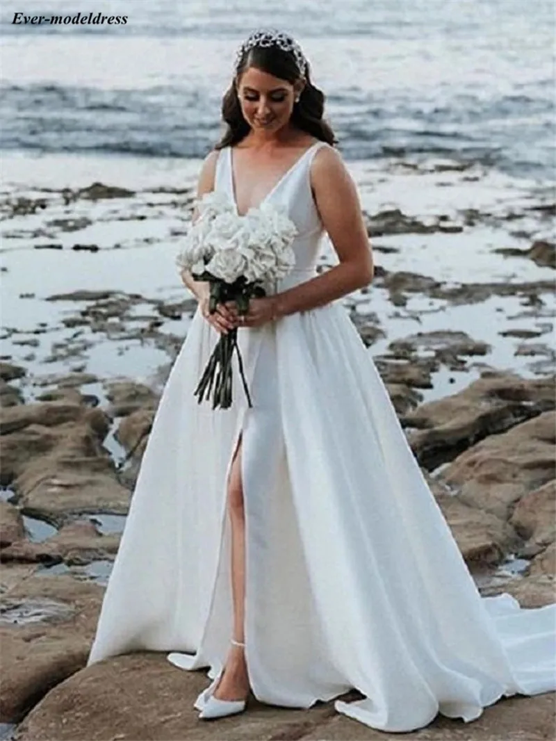 

Simple Satin Wedding Dresses 2020 Side Split Deep V-Neck A-line Bridal Gowns Bride Dress Vestido de Noiva Robe De Mariee