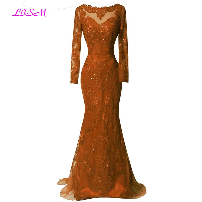 Real Photos Red Full Sleeved Evening Dress 2022 Lace Appliques Mermaid Prom Dresses Elegant Long Sweep Train Formal Party Gowns green evening gown