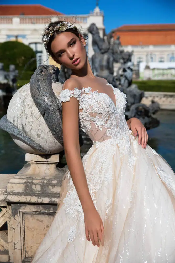 Vestidos De Novia с открытыми плечами А-силуэт Тюль свадебное платье 2020 сексуальное v-образный вырез кружева аппликации с открытой спиной длинное
