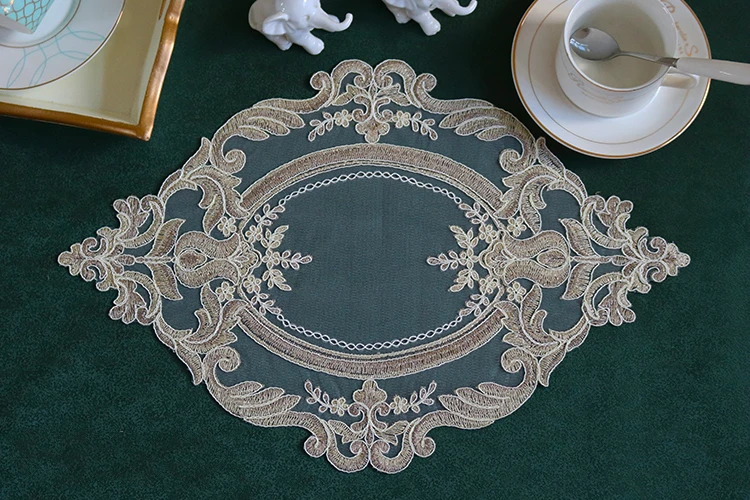 H376d2cf0f8ee48e6959b72026cf49be1A Oval 28x42cm European Luxury Lace Embroidered Restaurant Velvet Placemat Small Balcony Coffee Cup Table Mat Vase Pad Coaster Mallzona