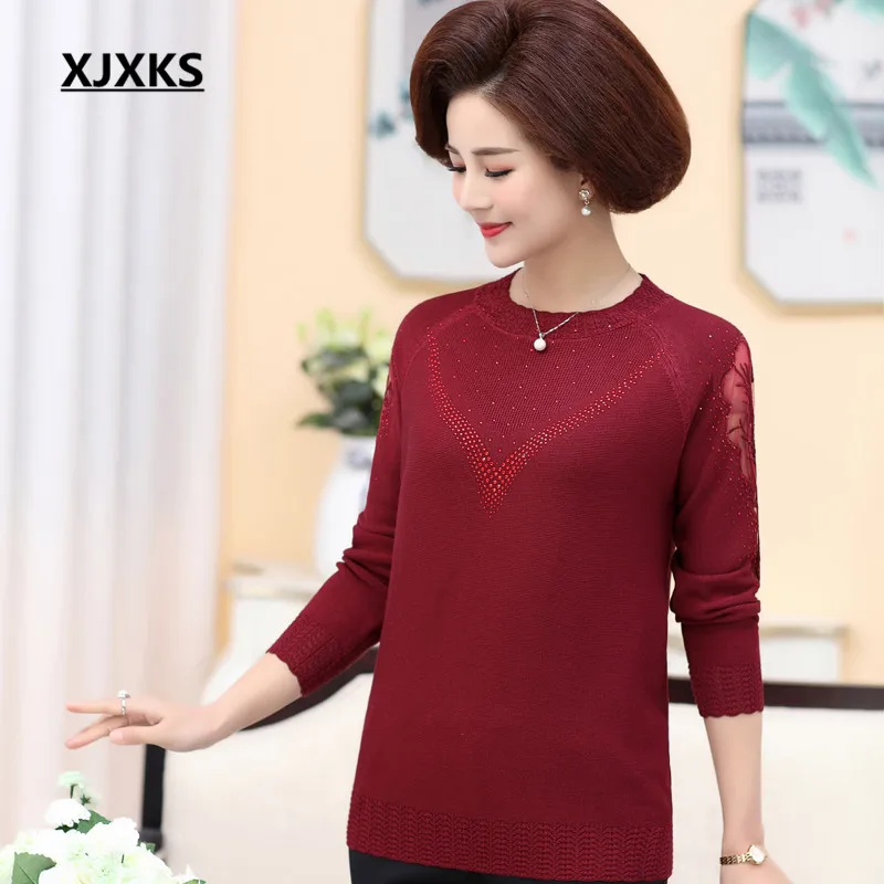XJXKS Fashion hollow all-match exquisite women sweater autumn winter new plis size wool knitted sweater women pullover - Цвет: Бургундия