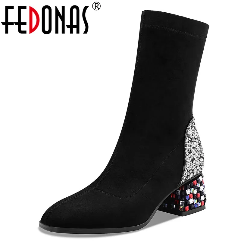 

FEDONAS Short Boots Women Suede Leather Rhinestone Ankle Boots High Heels Autumn Winter Party Basic Shoes Woman Square Toe Boots