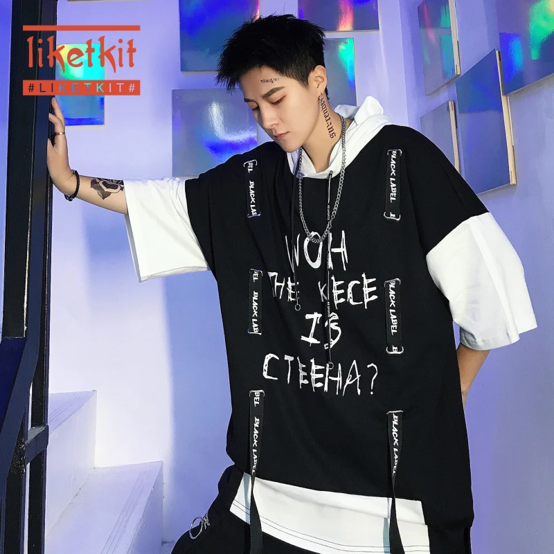 

Liketkit Summer Men's New Hip Hop T-shirt Harajuku Letter Print Top 2019 Ribbon Hoodie Loose Streetwear Short Sleeve Funny Shirt