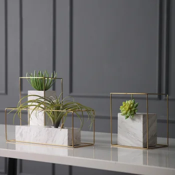 

Home Decor Accessories White Rectangle Marble Tabletop Plant Bonsai Flower Tray Home Wedding Decor Art Vase Metal Rack Pots