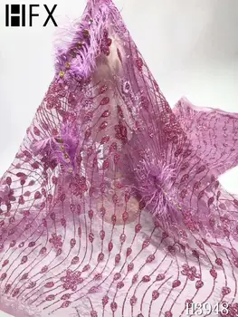 

HFX Pink Feather Embroidery African Tulle Lace Fabric 2020 3D Flower Mesh French Sequins Lace Fabric For Wedding Dress F3376