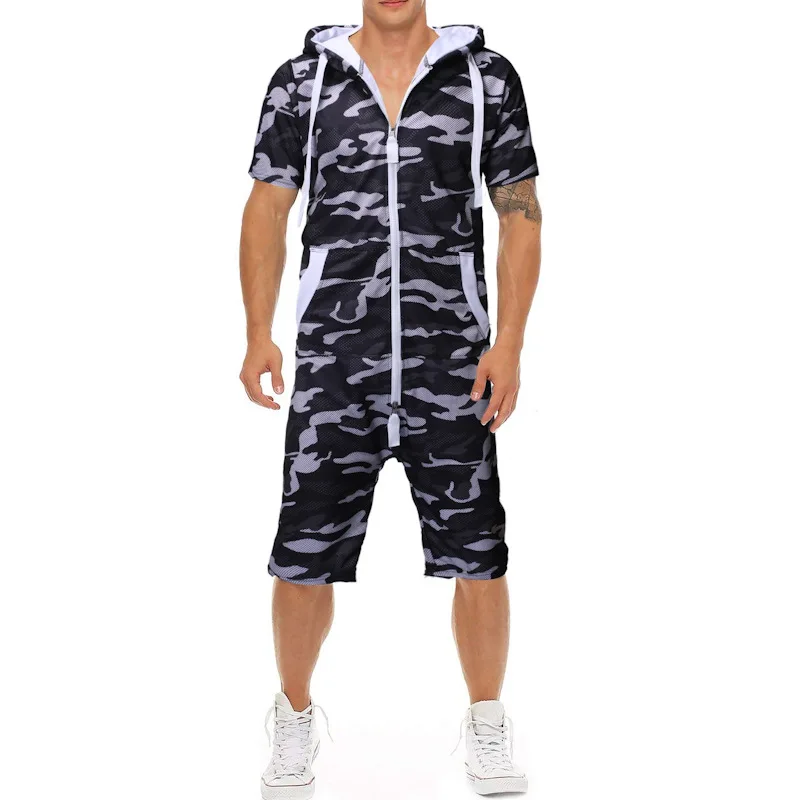 

2019 Summer New Style Europe And America Men Classic Camouflage Printed Slim Fit Hooded Short Sleeve Shorts One-piece Set