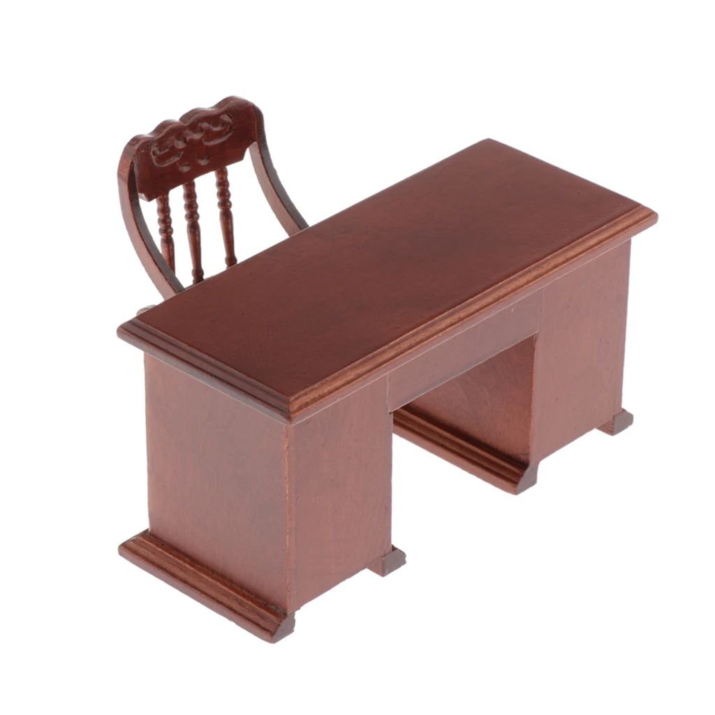 Miniature Dollhouse Computer Desk Chair Set for 1/12 Scale Dolls House Study Office Furnishings and Decorations Kit, Brown