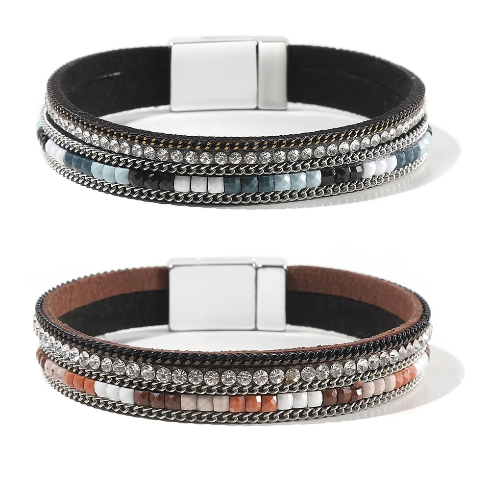 41 Chakra Bracelet for Women with Colorful Stone Leather Wrap Healing Bead Bracelet Megnet Snap Boho Braclet Femme Jewelry leather bracelet leather braided bracelet pearl leather bracelet