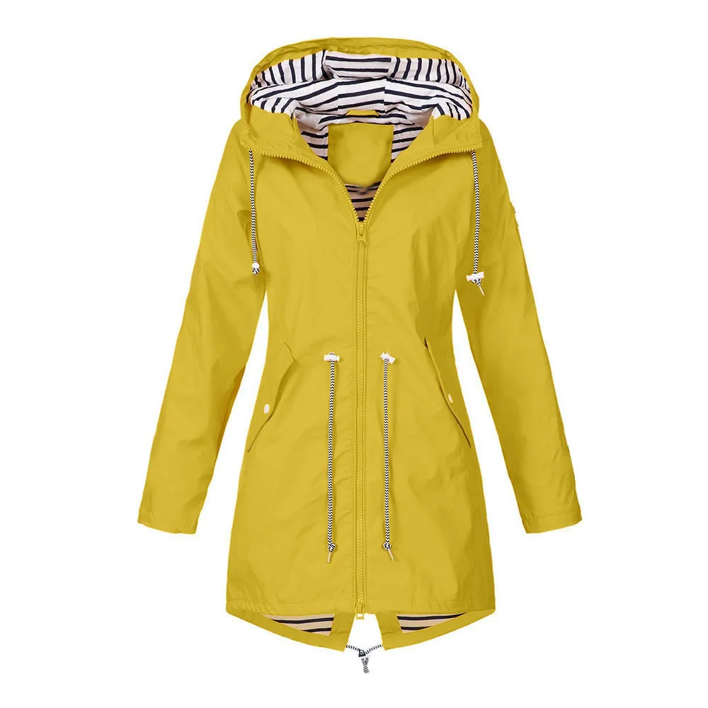 

Women Jacket Solid Color Raincoat Outdoor Pockets Jacket Wind Coat Waterproof Rain Jacket Long Women Overcoats Manteau @40