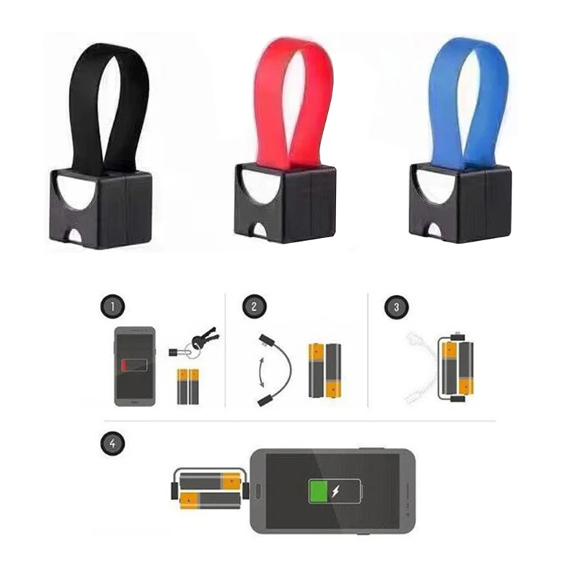 Portable emergency phone charger powered by 2pcs AA batteries with Micro USB/ USB-C/ lighting connectors for universal phone