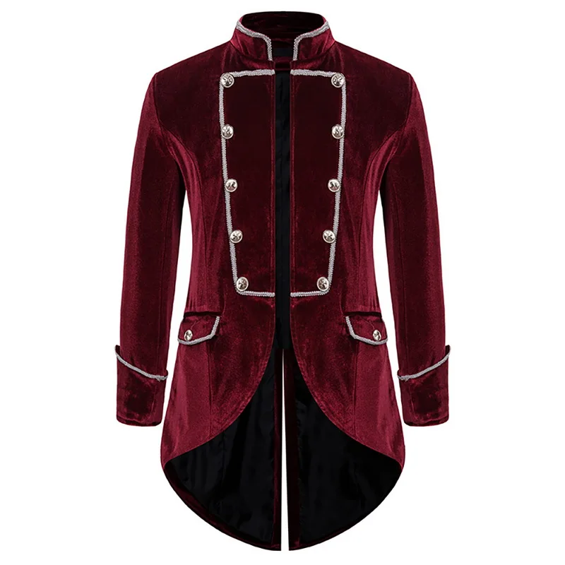 

PUIMENTIUA Men Long Coat Medieval Vintage Swallowtail Steampunk Tailcoat Cosplay Costume Standing Collar Velvet Dovetail Outwear