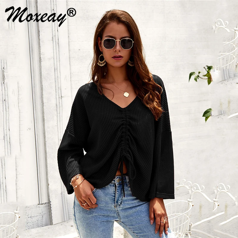

Moxeay Waffle Knit Sweater Drawstring Blouse Causal Deep V-Neck White Long Sleeve Tie Ruched Knit Top Loose Blouse And Tops