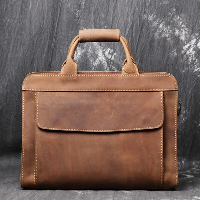 Роскошный винтажный кожаный мужской портфель Crazy Horse ручной работы, натуральная кожа, сумка для ноутбука, превосходное качество, деловой портфель - Цвет: brown
