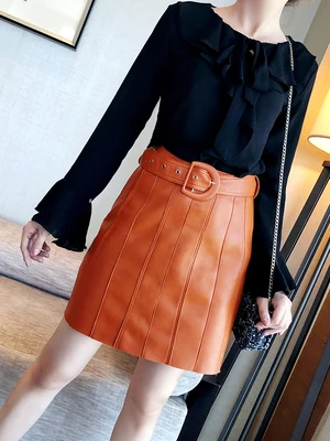 orange RYS9330 D letter Belt Stitching Genuine Leather A-line Women Mini Skirt Femme Casual Short Pleated Jupe Orange/Green Strip Saias - Цвет: orange