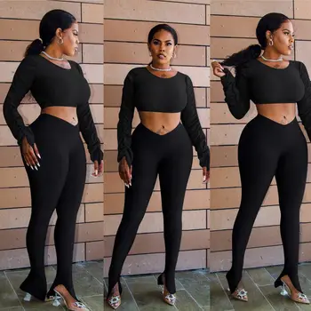 

Women Pleated Long Sleeve O-neck Crop Top +split Leg Pants 2 Piece Set For Female Women Tops Pants Two Pieces Sets Women's Suits