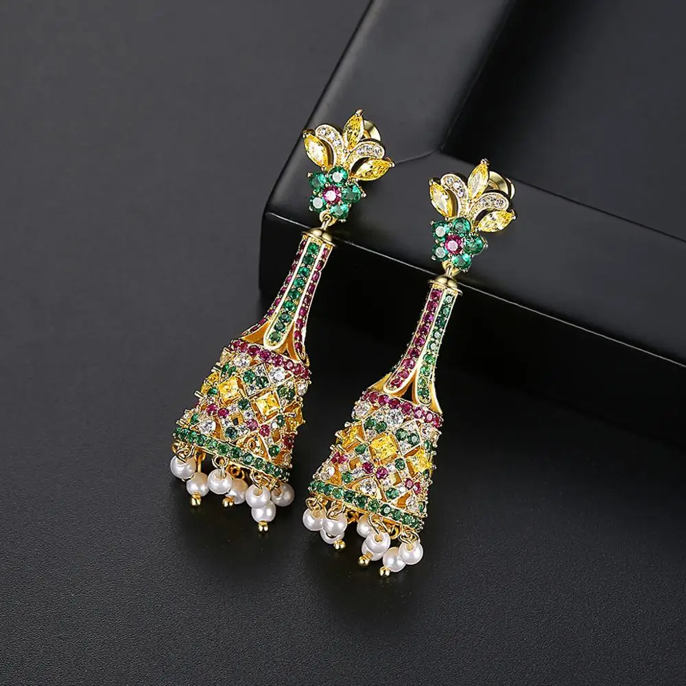 LUOTEEMI Роскошные этнические индийские Jhumka цветок висячие серьги для женщин Свадебные вечерние бусины Pendientes Bijoux рождественские подарки