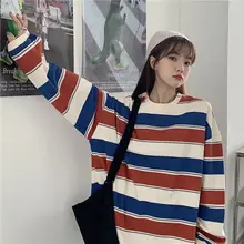 

Japanese women t-shirt thin 2021 new spring autumn Harajuku clothes vintage classic loose full-sleeved striped urban o-neck top