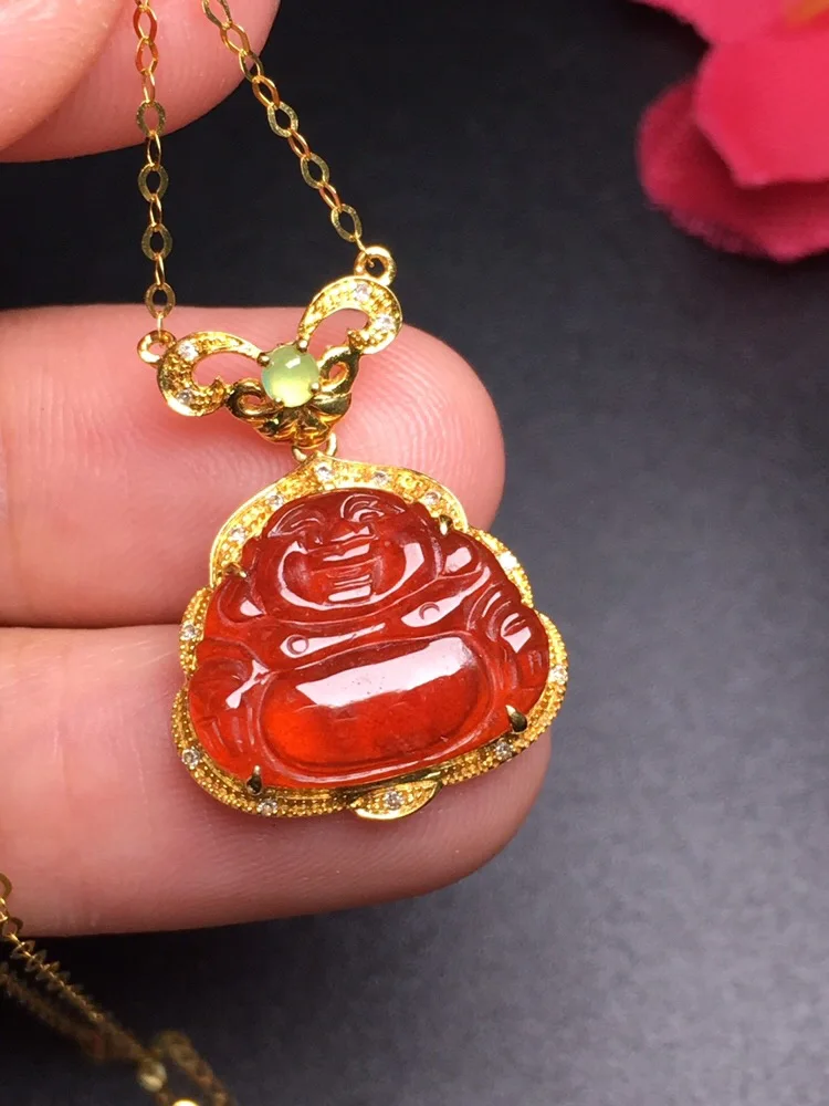 

726 Fine Jewelry Pure 18K Yellow Gold Diamonds Burmes Origin Buddha Natural Yellow Jade Female's Women Pendants Necklaces