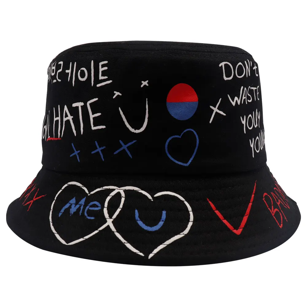 New Graffiti Bucket Hats Women Men Black White Hip Hop Harajuku Bucket Hat Woman Flat Casual Fashion Cotton Fisherman Hat Cap