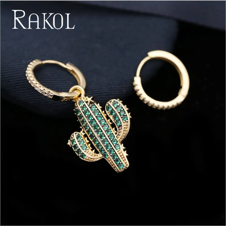 RAKOL New Fashion Cactus Shape Cubic Zircon Personality Exaggeration Earrings For Women Girl Party Dress Jewelry RE510136 - Окраска металла: Green
