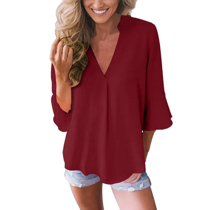 

2019 Woman Sexy V Collar Shirts Loose Casual Tops Summer Shirts Vest Women Long Sleeve Chiffon Blouses