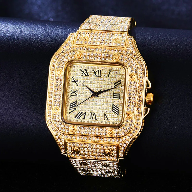 Iced Out per donna Hip Hop Miami Bling CZ cubano grande catena collana pavé strass oro orologio uomo_voghion.com