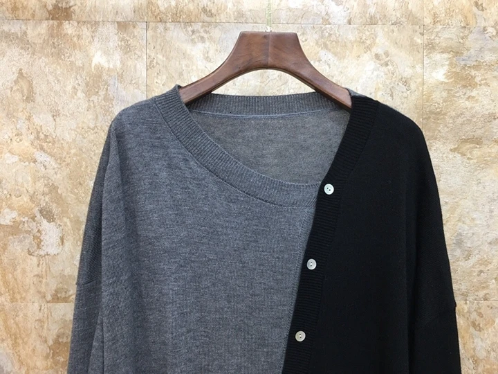 winter and Autumn new women's round neck color matching button decoration medium length cardigan top coat 1020