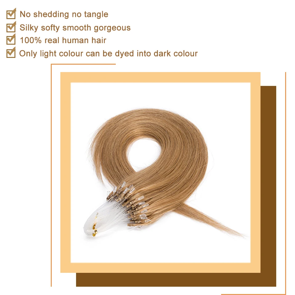 S-noilite 16"-24" Non-Remy Human Hair 100Strands Straight Micro Bead Loop Ring Hair Extension Black Bleach Blonde 0.5g Hairpiece