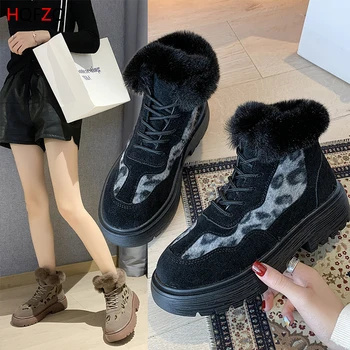 

HQFZO Women Platform Winter Snow Boots Leopard Lace Up Fur Ankle Boots Winter Sneakers 2019 Bottine New Zapatos De Mujer