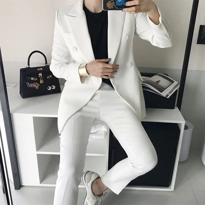 White Peak Lapel Women Suits Formal Trouser PantSuit Women Set Ladies Pant Suits Jacket+Pants Women Business Suits Blazer