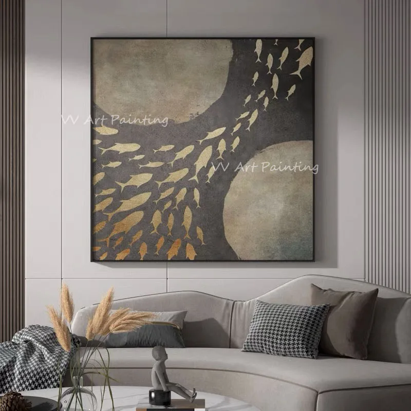 

100% Handmade gold foil fish fashion Original Oil Painting Canvas Large Size Textured Home Living Room Decoration Gift