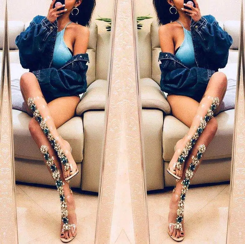 

Woman Bohemia Sandal BootsNewest Rhinestone Lady Knee High Boots Thin High Heels Stiletto Crystal Dress Summer Shoes Sandalias