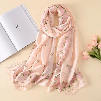 

2020 New Spring Women Silk Feeling Neck Gray Color Large Pashmina Floral Print Shawl Wrap Soft Scarves Hijab